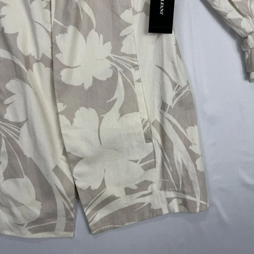 Alfani Floral Linen Cardigan Size Small Long Tan Draped Open Front Ruched Sleeve